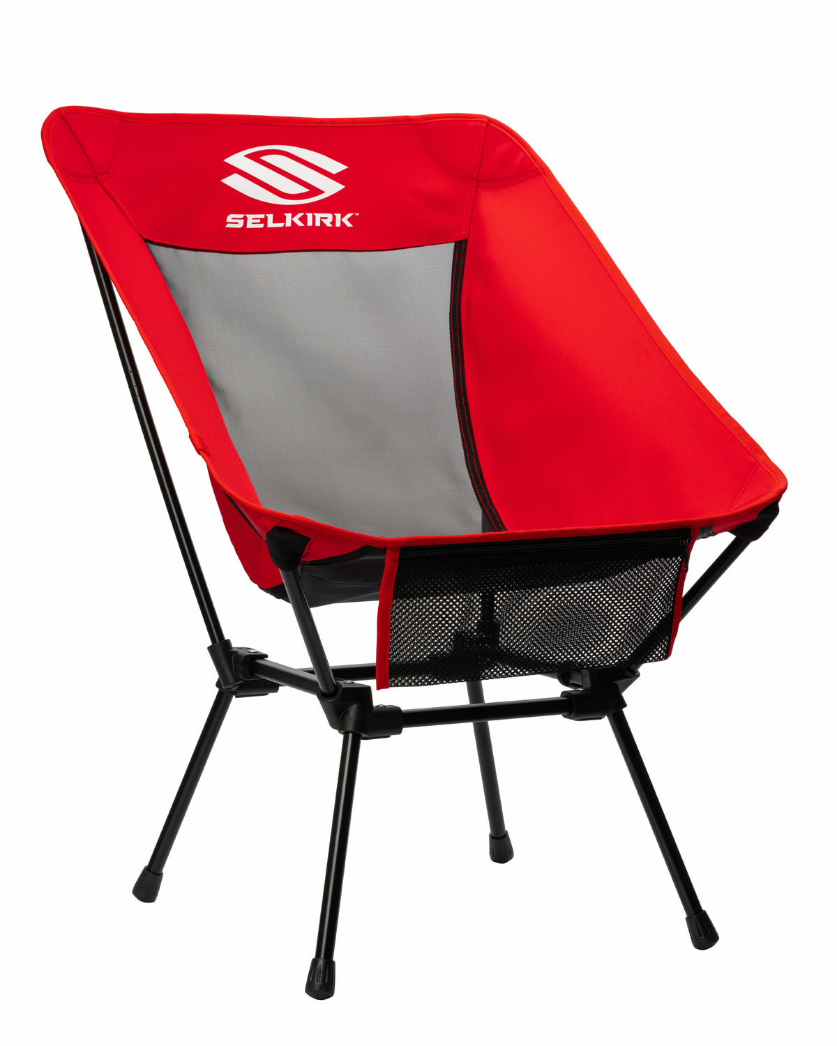 Selkirk Sport Low-Profile Mesh Pickleball Court Chair in red and gray, showcasing its portable design.