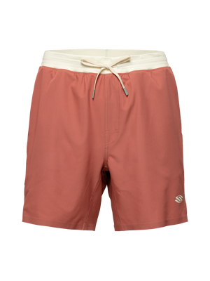 Front view of rust Essentials 2.0 Men’s Performance 7 inch Pickleball Shorts showcasing elastic waistband and drawstring