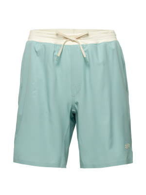 Front view of Essentials 2.0 men’s 9-inch Pickleball shorts showcasing light blue fabric and a drawstring waistband