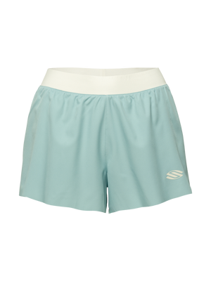 Front view of Essentials 2.0 Women’s Performance Shorts with light blue fabric, white waistband, and Selkirk logo