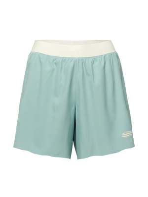 Front view of Essentials 2.0 women’s 5 inch inseam shorts in light blue with white waistband and Selkirk logo