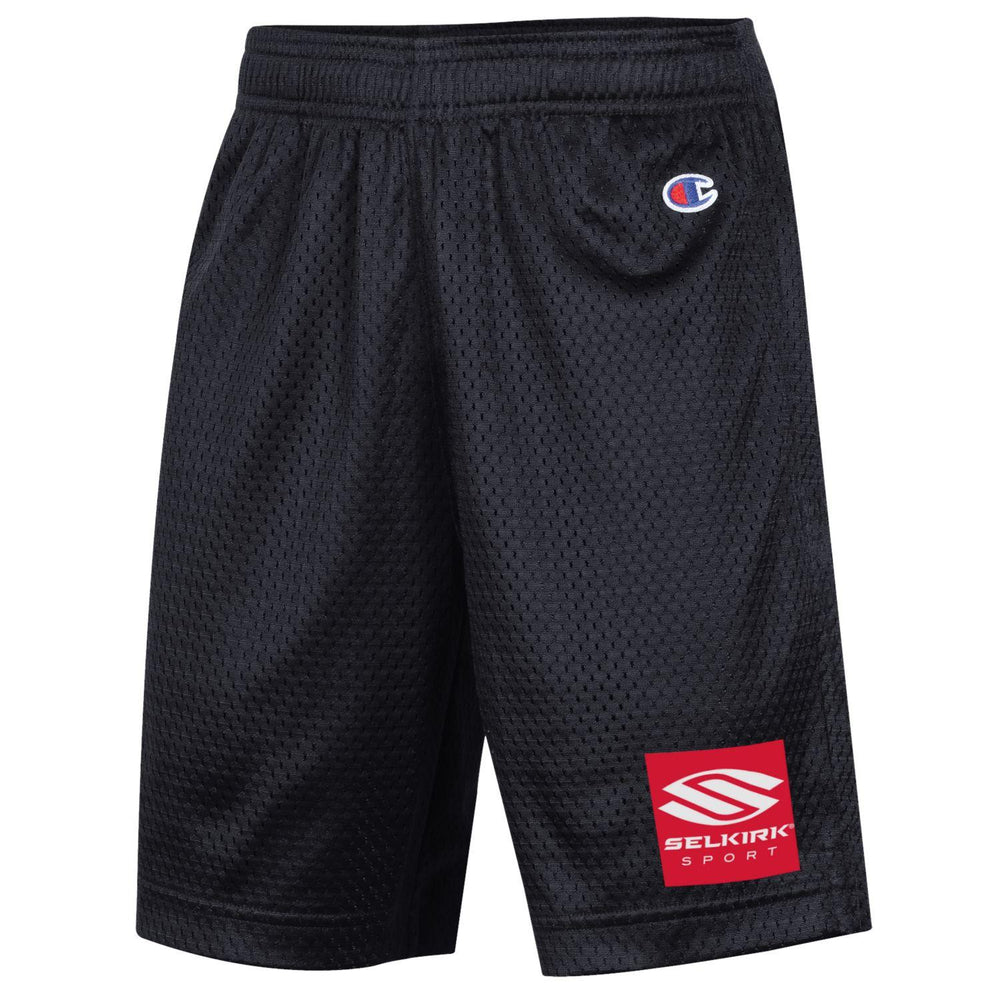 Selkirk Youth Mesh Shorts in black with Champion logo and Selkirk Sport branding on the side.