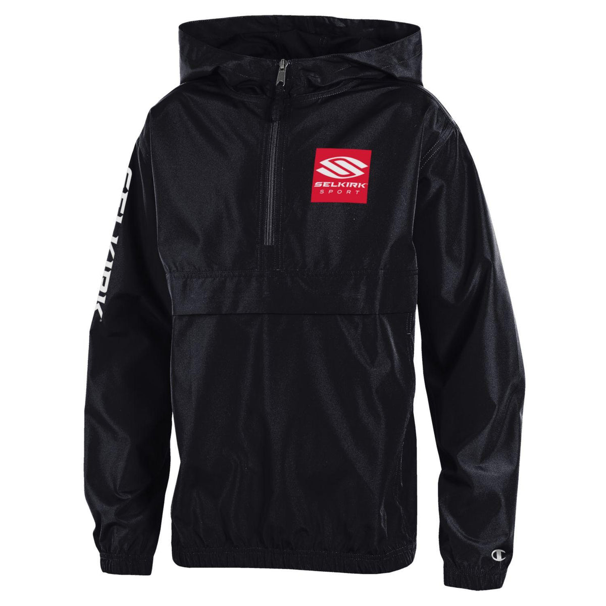 Selkirk x Champion Youth Packable Jacket in Black, featuring a scuba collar and logo.