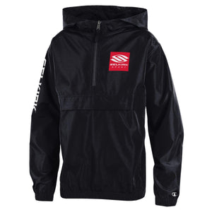 Selkirk x Champion Youth Packable Jacket in Black, featuring a scuba collar and logo.