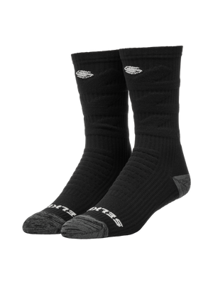 Front view of black crew Selkirk Courtlock pickleball socks with ribbed cushioning, gray toe and heel, and white logo