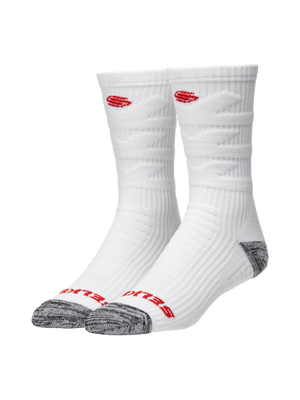 Three-quarter view of Selkirk Courtlock pickleball socks with ribbed cuff, grey reinforced toe and red logo