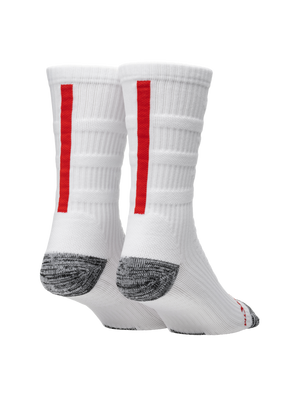 Rear view of Selkirk Courtlock crew pickleball socks with red back stripe and gray reinforced heel on white background