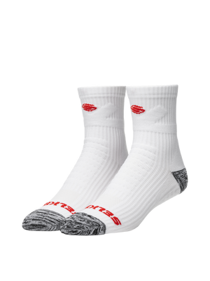Three quarter view of Selkirk Courtlock Pickleball crew socks in white with gray toe and heel and red Selkirk logo on white background