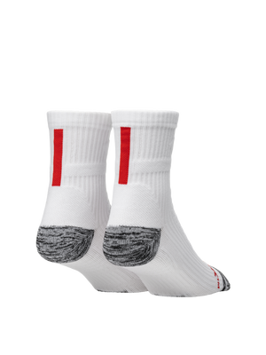 Rear three-quarter view of Selkirk Courtlock pickleball quarter socks showing red vertical heel stripe and gray cushioned heel and toe on white background
