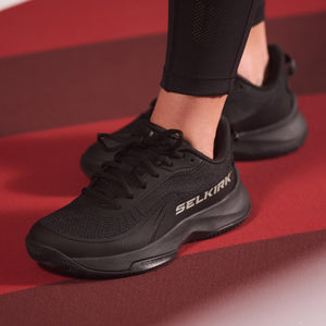 Women's CourtStrike Pro Pickleball Shoes in Blackout color, featuring SELKIRK branding.