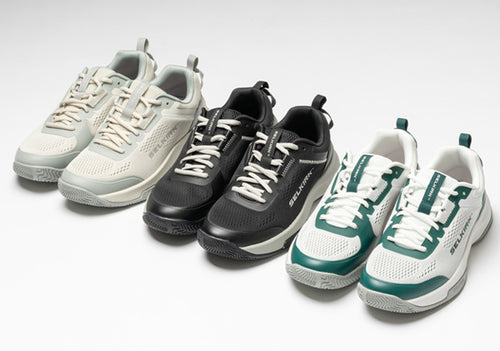 Men's Selkirk CourtStrike Pickleball Shoes in three colors: White Pine, Black, and Green.