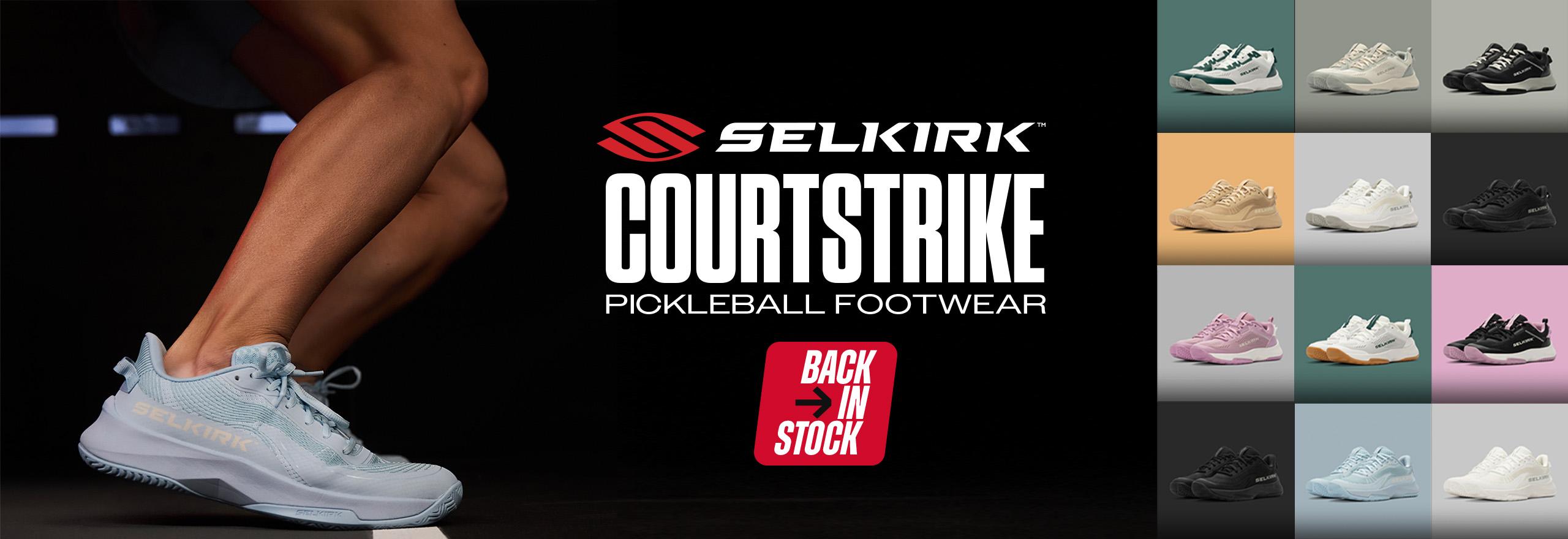 A woman wearing Selkirk shoes on a pickleball court