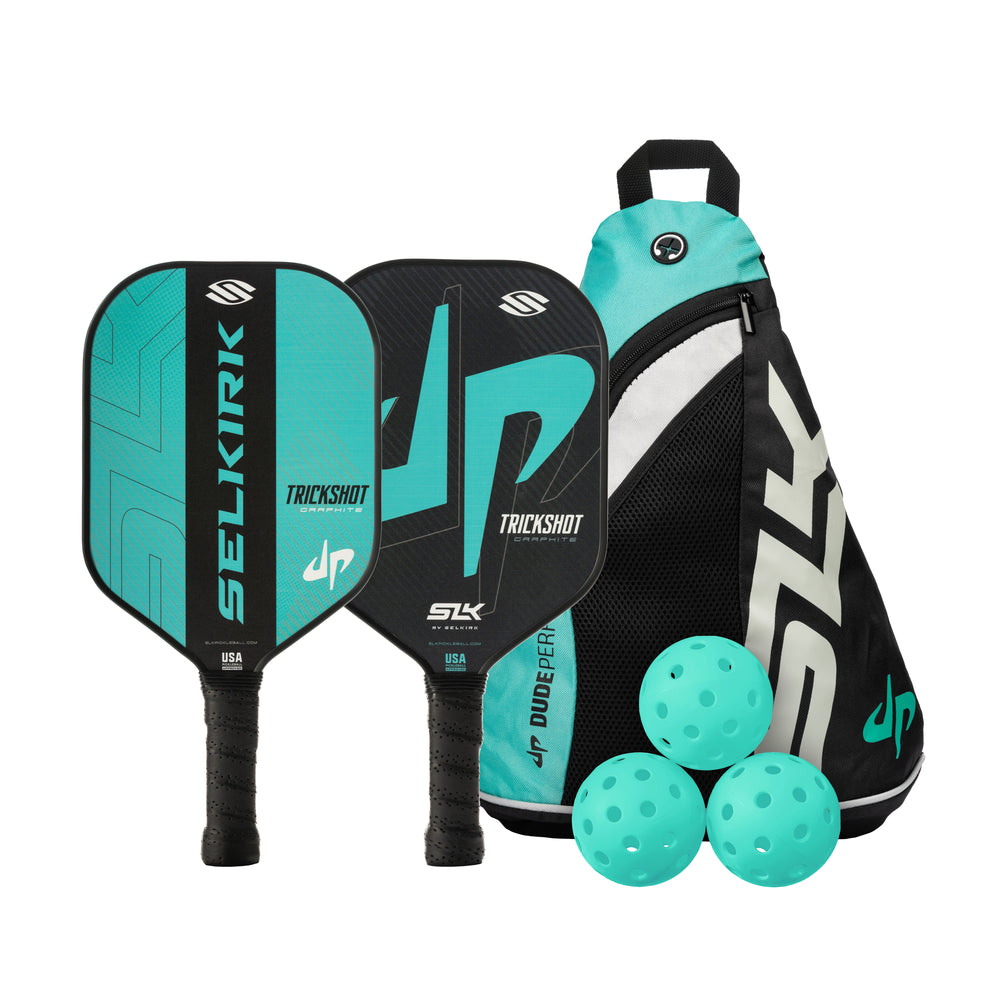 SLK by Selkirk x Dude Perfect Trickshot Bundle including two paddles, three pickleballs, and a sling bag.