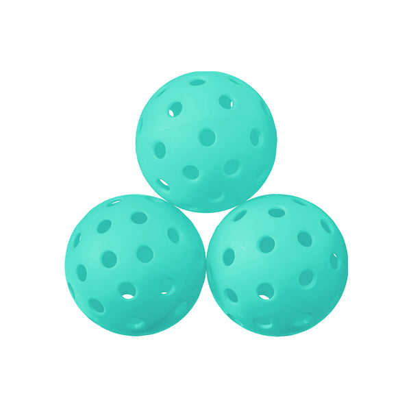 Three teal pickleballs with holes, part of the SLK x Dude Perfect Trickshot Bundle.
