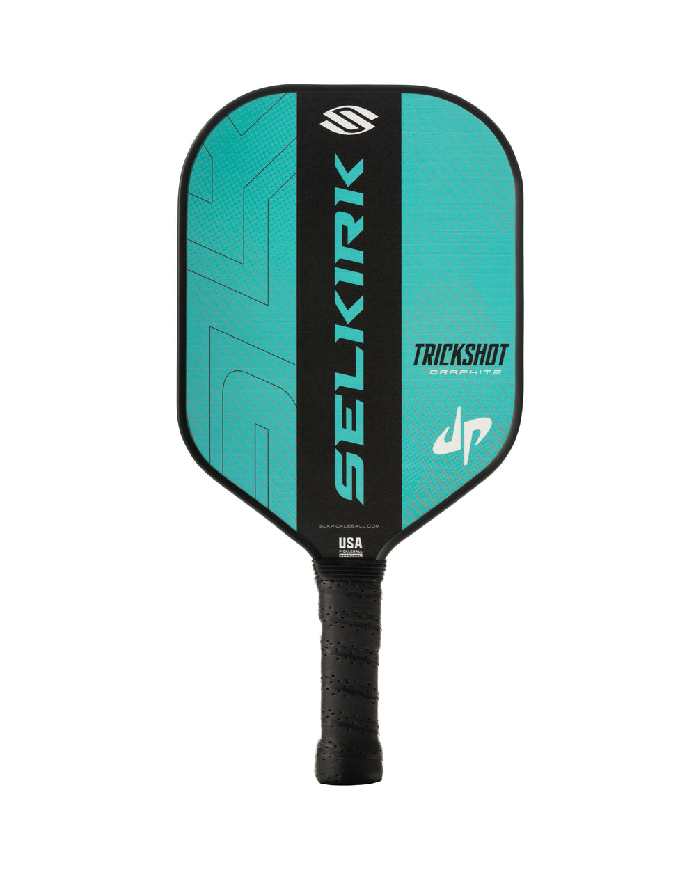 SLK by Selkirk x Dude Perfect Trickshot pickleball paddle with teal and black design