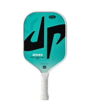 Dude Perfect x Selkirk EVO Control Max pickleball paddle with a turquoise and black design, featuring the text 'EVO' and 'CONTROL-MAX'.