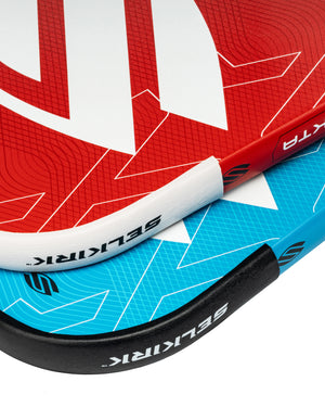Selkirk Pickleball paddles with protective edge guard tape in black, red, and blue colors