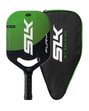 SLK Fury Pickleball Paddle in green with black case, featuring SLK logo
