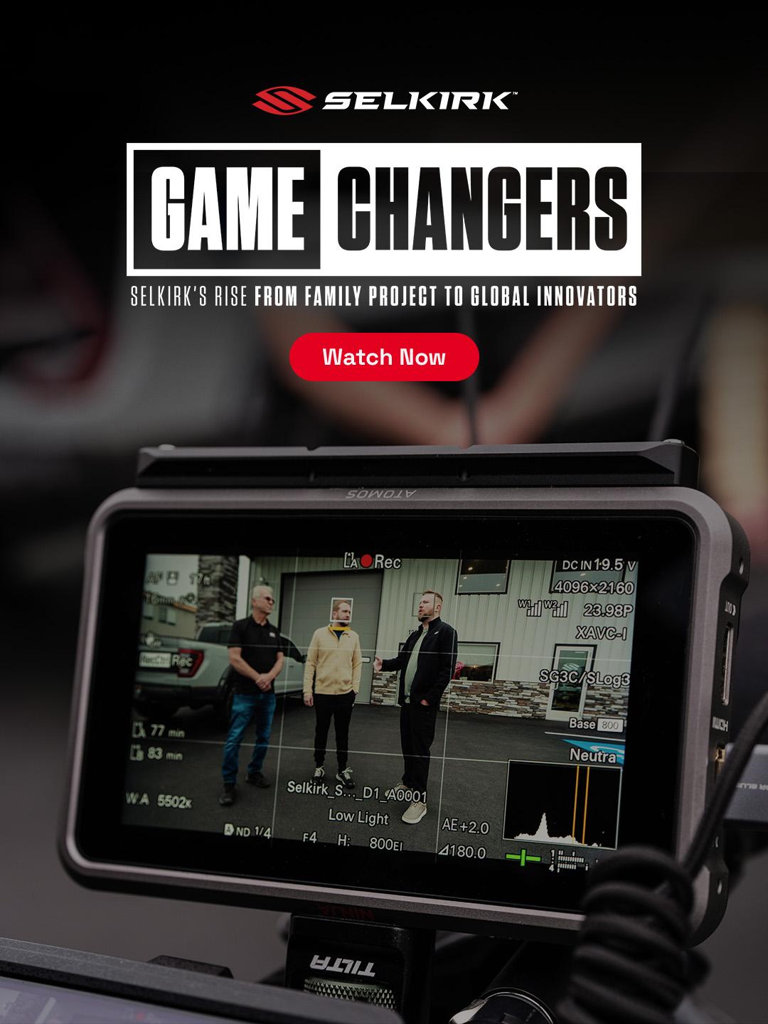 Selkirk Sport Game Changers documentary banner with logo, tagline, and filming scene.