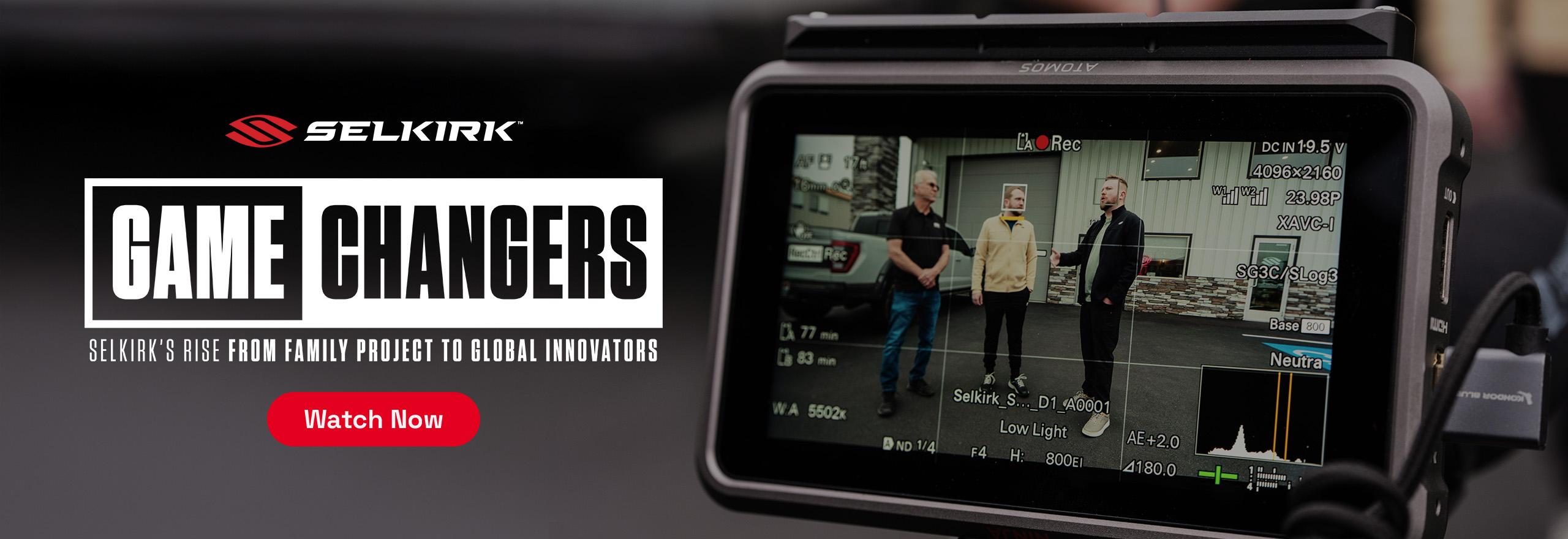 Selkirk Sport Game Changers documentary banner with logo, tagline, and filming scene.
