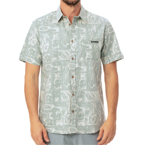 Men's short sleeve button-down shirt with a light green tropical print