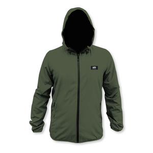 Men’s Major Hooded Rain Jacket in Olive color, size Small, featuring a hood and zippered front.