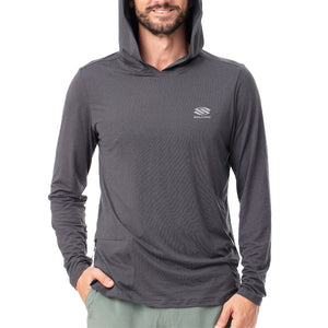 Men’s Campton UPF50 Hooded Long Sleeve in Charcoal Gray, featuring a hood and logo on the chest.