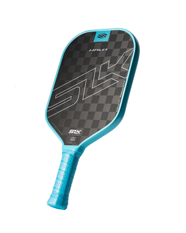 SLK HALO Control pickleball paddle with a checkerboard pattern and gray grip