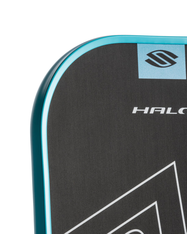 Close-up of SLK HALO Power paddle showing blue edge and logo.