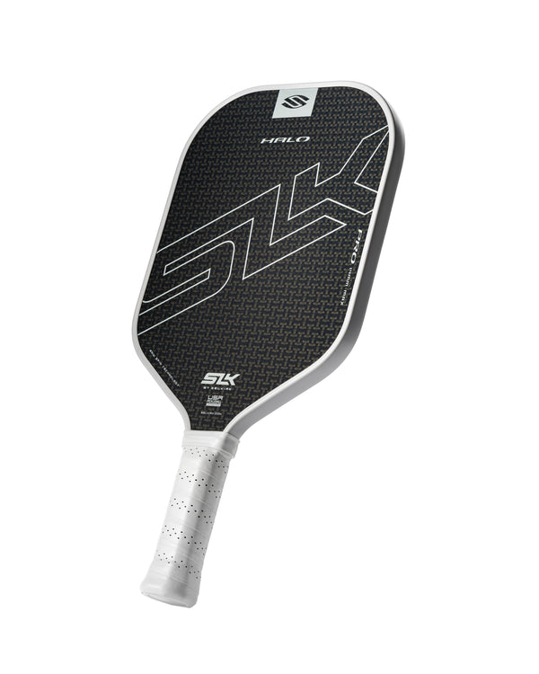 SLK HALO Pro Max pickleball paddle in blue with a textured surface and ergonomic grip