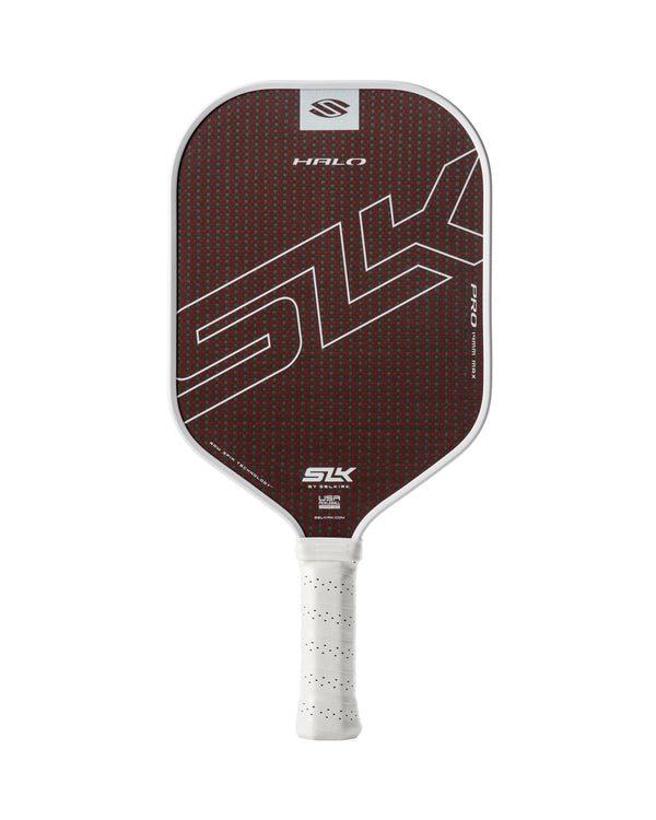 SLK HALO Pro pickleball paddle in red with a textured surface and white grip