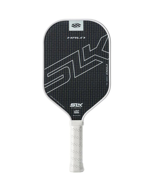SLK HALO Pro pickleball paddle with a carbon fiber surface and white grip