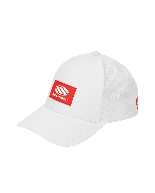 Selkirk Sport Red Label Wide Brim Performance Hat in black with red logo and ventilated back