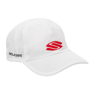 White Selkirk Performance Core Hat with red logo on front