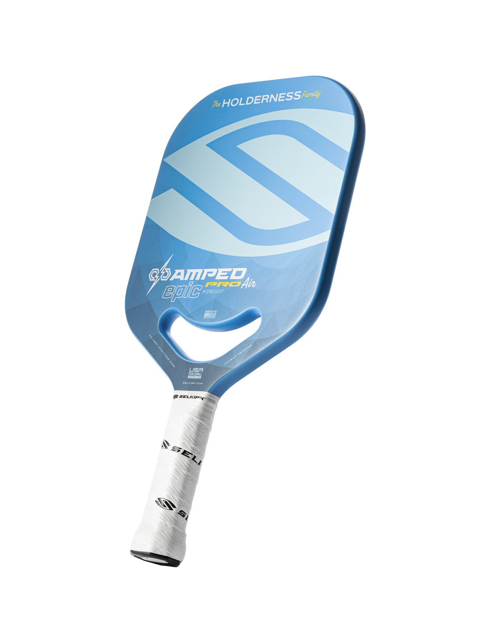 Holderness Family Selkirk AMPED Pro Air pickleball paddle in blue.
