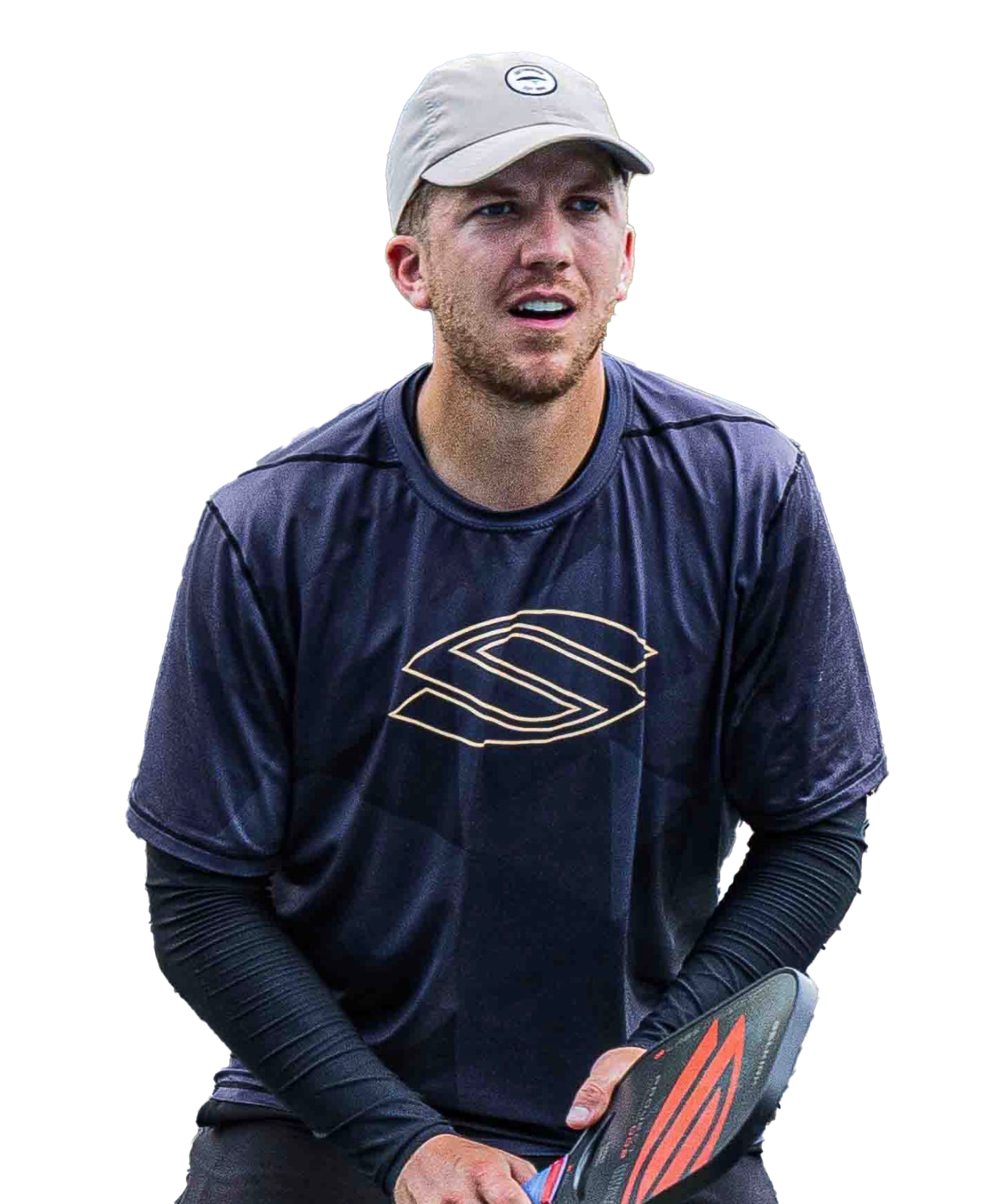 Haddow Thul wearing a dark shirt and cap while holding a pickleball paddle on a court
