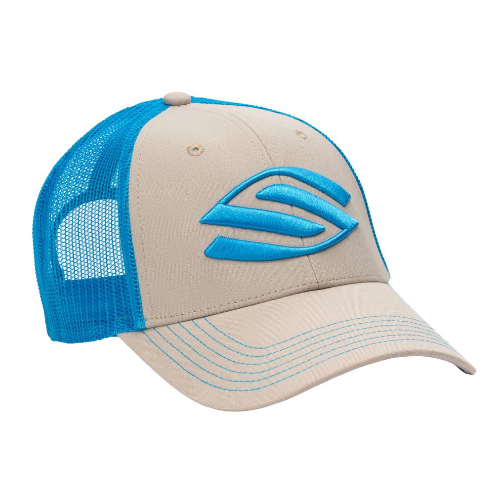 Beige trucker cap with blue mesh back, embroidered three‑stripe logo on front and curved bill with blue stitching.