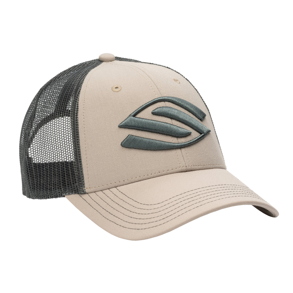 Beige front trucker cap with dark gray mesh back and raised green embroidered abstract logo on front panel