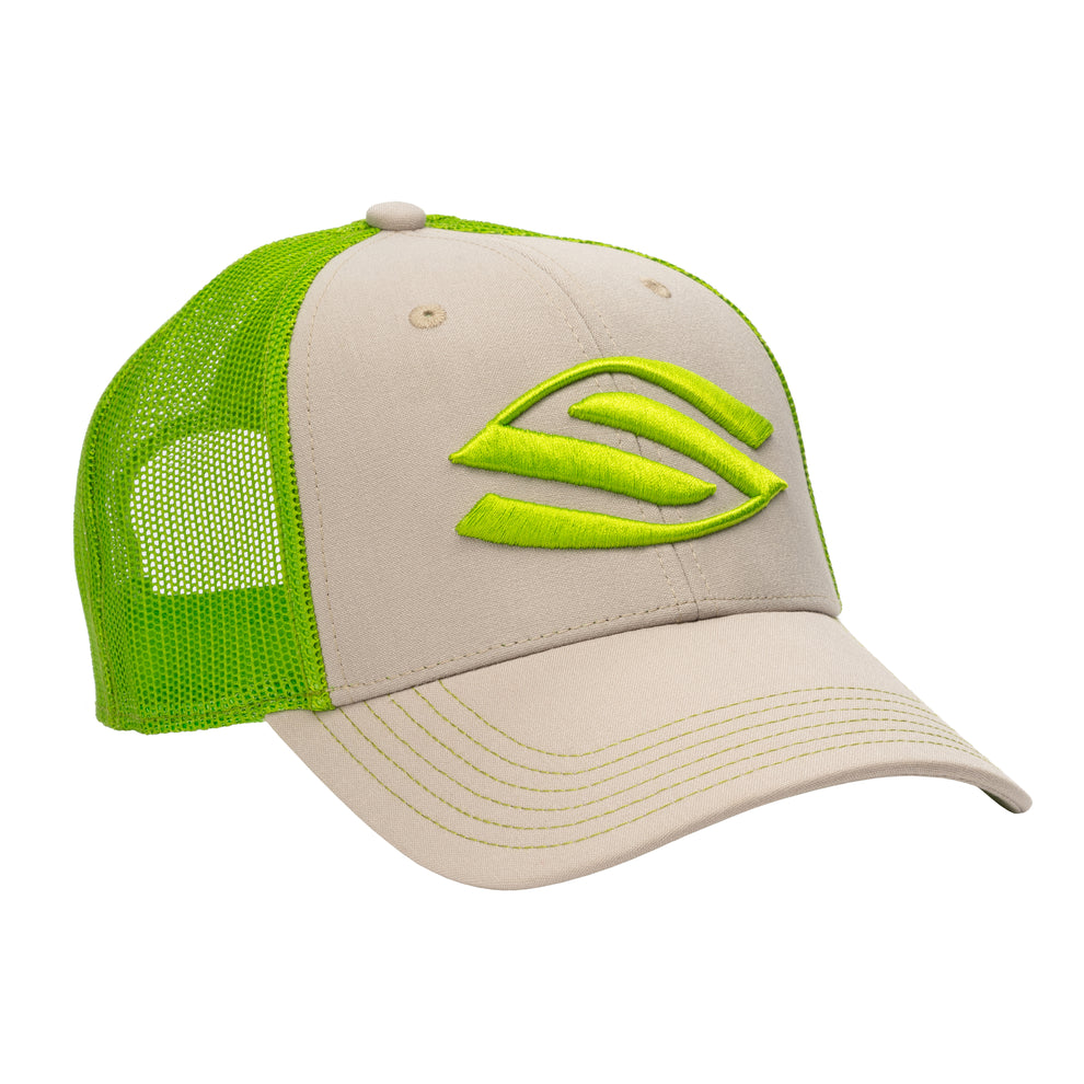 Beige and neon-green mesh trucker cap with embroidered abstract leaf logo on front