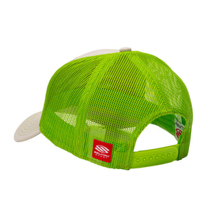 Neon green mesh trucker hat with white curved bill, red square brand tag at back, and adjustable snapback closure.