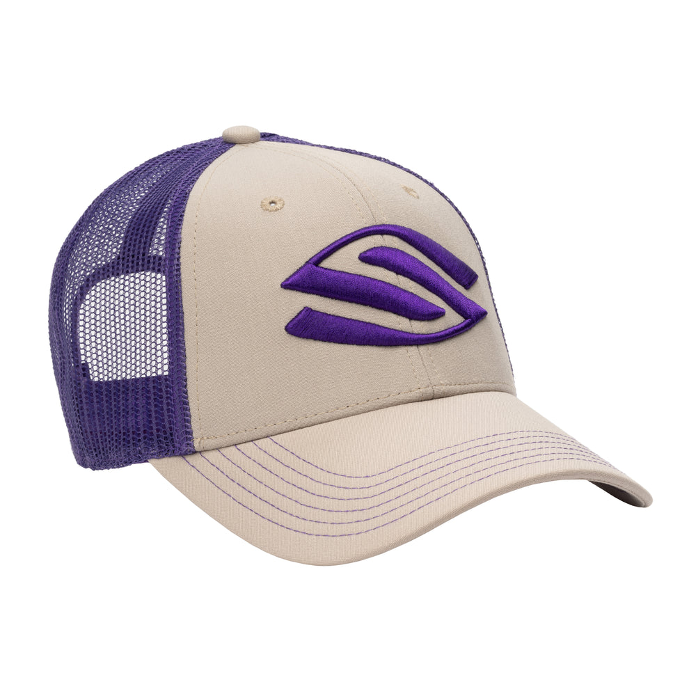 Beige trucker cap with purple mesh back, purple embroidered stylized 'S' logo on front and purple topstitching on curved brim