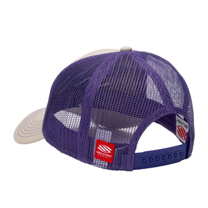 Back view of Selkirk AMPED Trucker Hat in Amped Purple with mesh detail and adjustable snap closure.