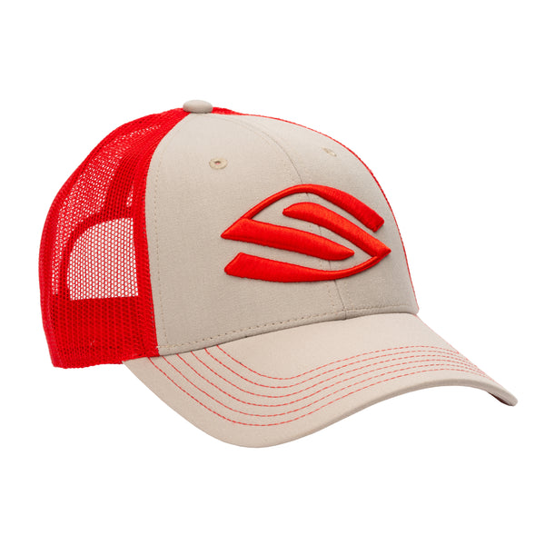 Selkirk AMPED Trucker Hat with embroidered logo, red and beige color, breathable mesh back