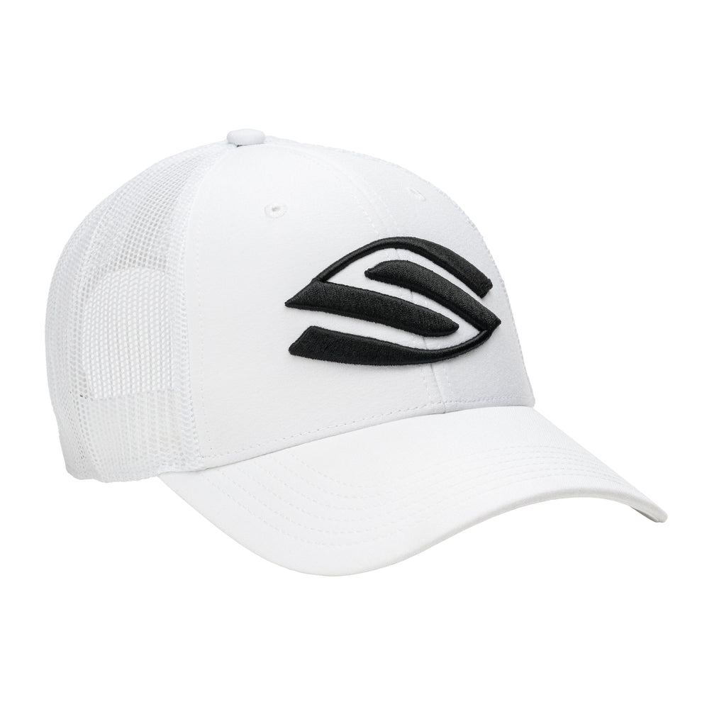 White Selkirk AMPED Trucker Hat with embroidered logo