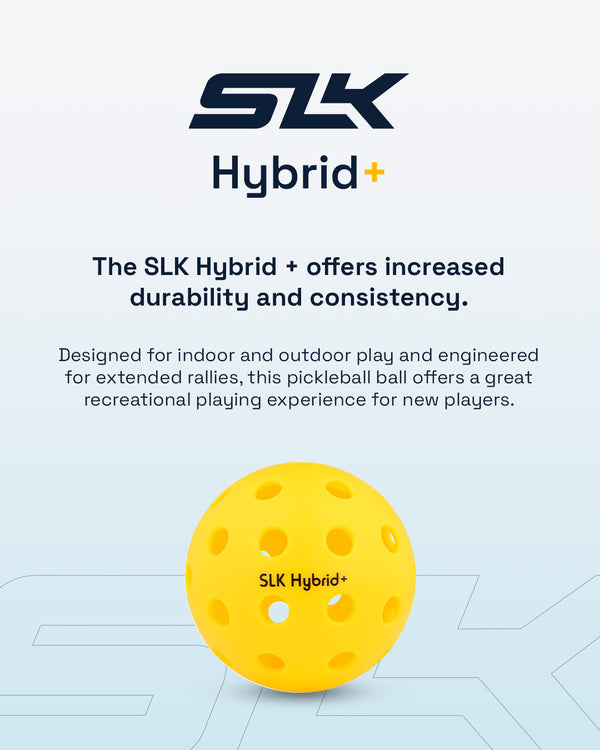 SLK Hybrid+ Pickleball Ball, yellow with holes, designed for indoor and outdoor play, offers durability and extended rallies for beginners.