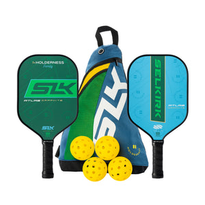 SLK by Selkirk x The Holderness Family Pickleball Bundle with two paddles and three yellow pickleballs in a sling bag.