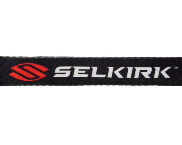 Selkirk Sport Pickleball Lanyard with heat transferred logo in red and white on black background