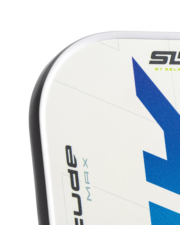 SLK Latitude Max Pickleball Paddle in Oasis color, featuring a blue design and graphite face.