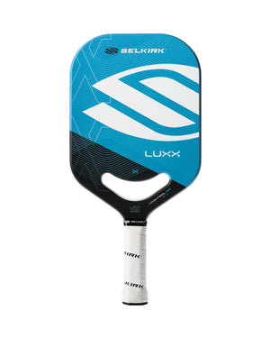 Selkirk Luxx Control Air Epic Pickleball Paddle in red, gold, and blue.