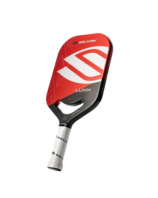 Selkirk Luxx Control Air Epic Pickleball Paddle featuring a red, gold, and blue design.